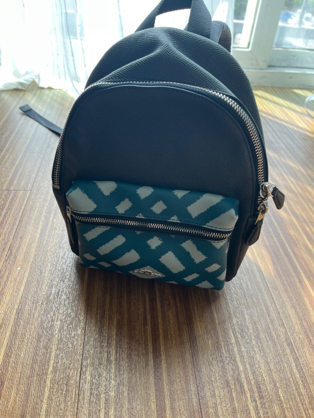 Coach Black Leather Mini Backpack with Teal Patterned Pocket